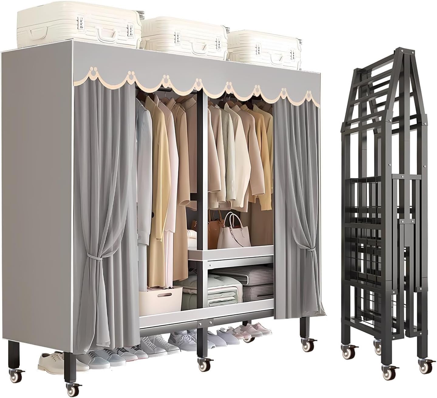 Large Foldable Clothing Rack With Cover Heavy Duty Metal Clothes Racks On Wheels Loads 2000LBS Covered Portable Wardrobe Closet For Hanging Clothes Freestanding Garment Rack For Bedroom(203cm/80in)