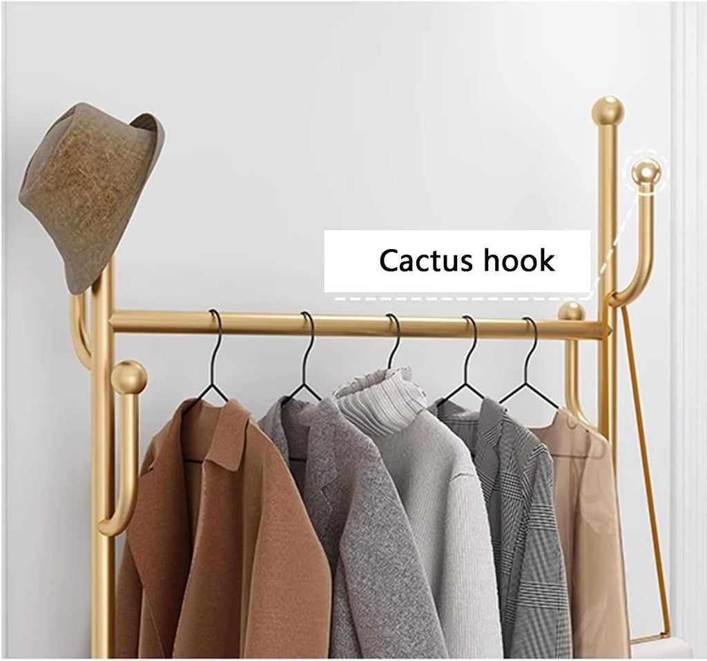 Heavy Duty Coat Rack, Garment Rack Modern Golden Clothing Rack On Wheel, Freestanding Metal Coat Rack with Hooks and Shelves, Space-Saving Coats Hanger Stand for Hanging Clothes (100X33X170CM)