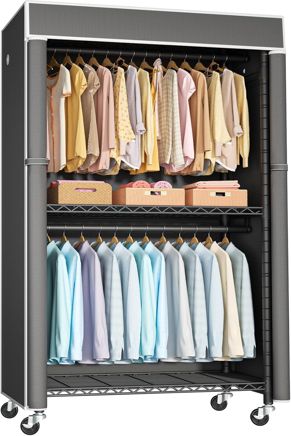 FUTASSI Black Clothing Rack with Dark Gray Cover, P1C Rolling Closets with Wheels, Metal Garment Rack for Hanging Clothes, Clothing Storage Wardrobe, 36.2' W x 16.5' D x 80.5' H, Load 450 Pounds