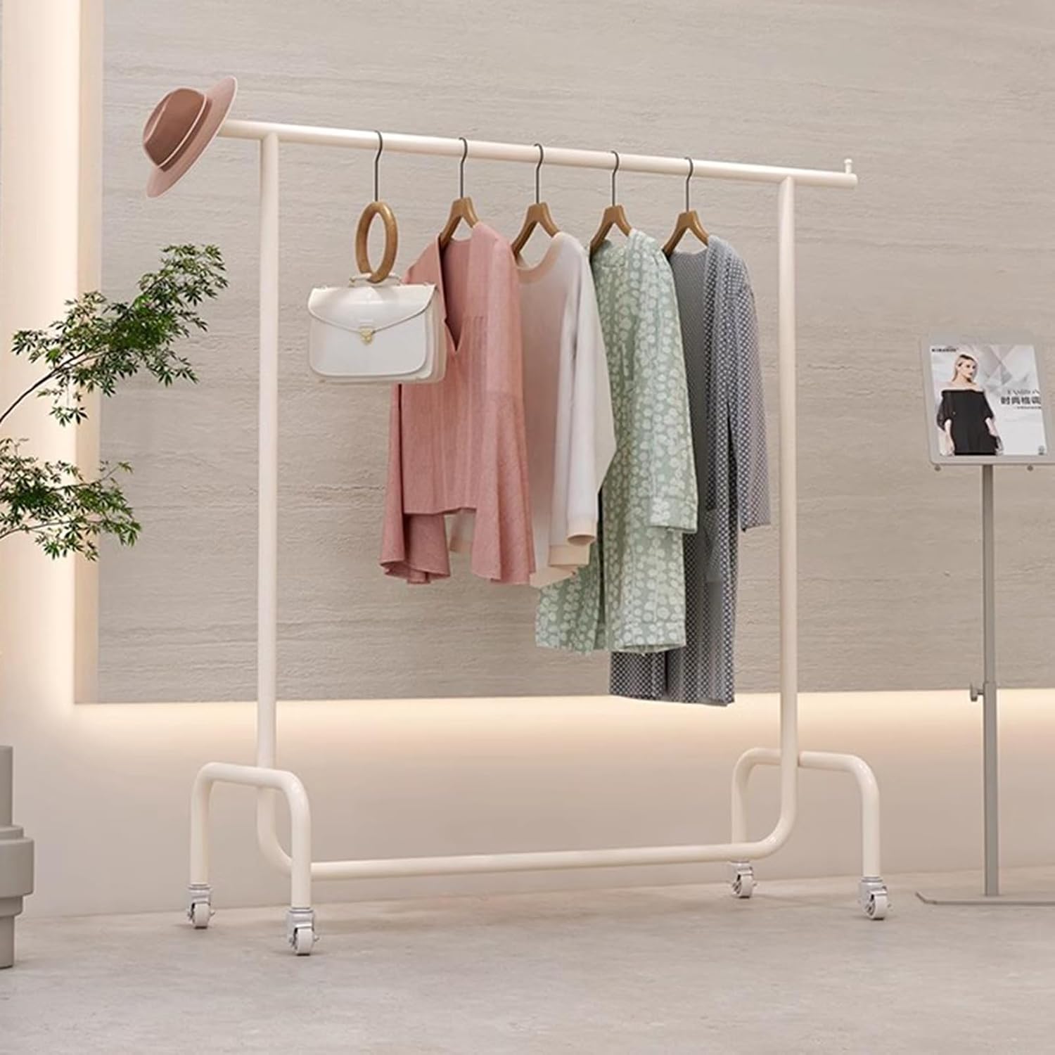 Heavy duty Garment rack White Metal Clothing Rack With Wheels, Commercial Heavy Duty Clothes Rail For Hanging Clothes, Freestanding Clothes Display Rack, Single Rod Coat Rack For Bedrooms ( 80X40X160