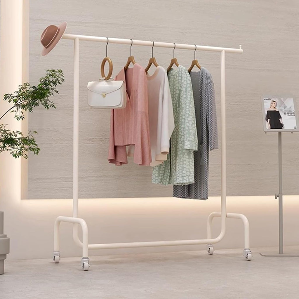 Heavy duty Garment rack White Metal Clothing Rack With Wheels, Commercial Heavy Duty Clothes Rail For Hanging Clothes, Freestanding Clothes Display Rack, Single Rod Coat Rack For Bedrooms ( 150X40X16