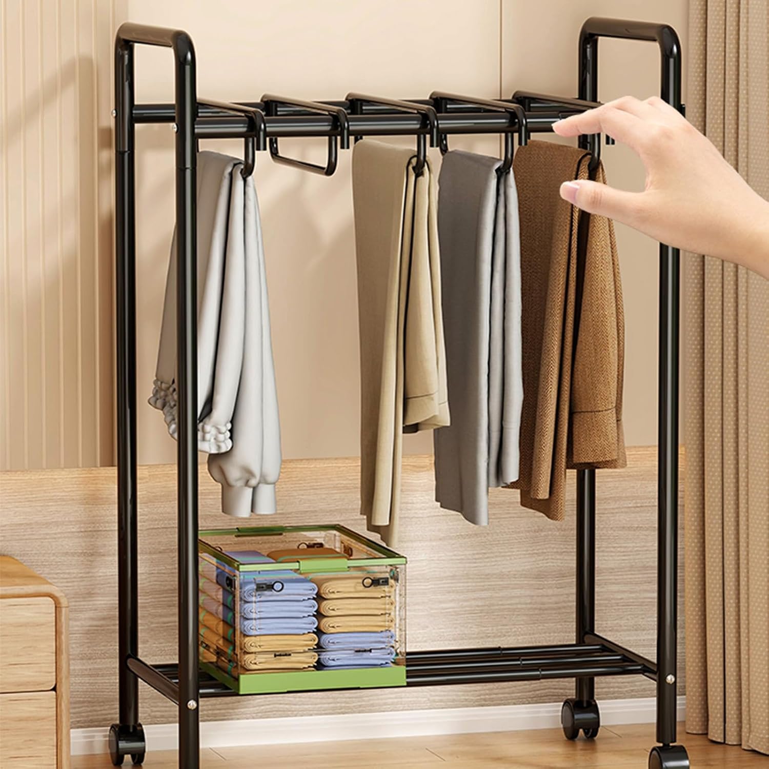 Freestanding Garment Rack with Casters, Movable Trouser Hanger & Multifunctional Storage for Bedroom, Ideal Slacks Organizer, Stylish White Design