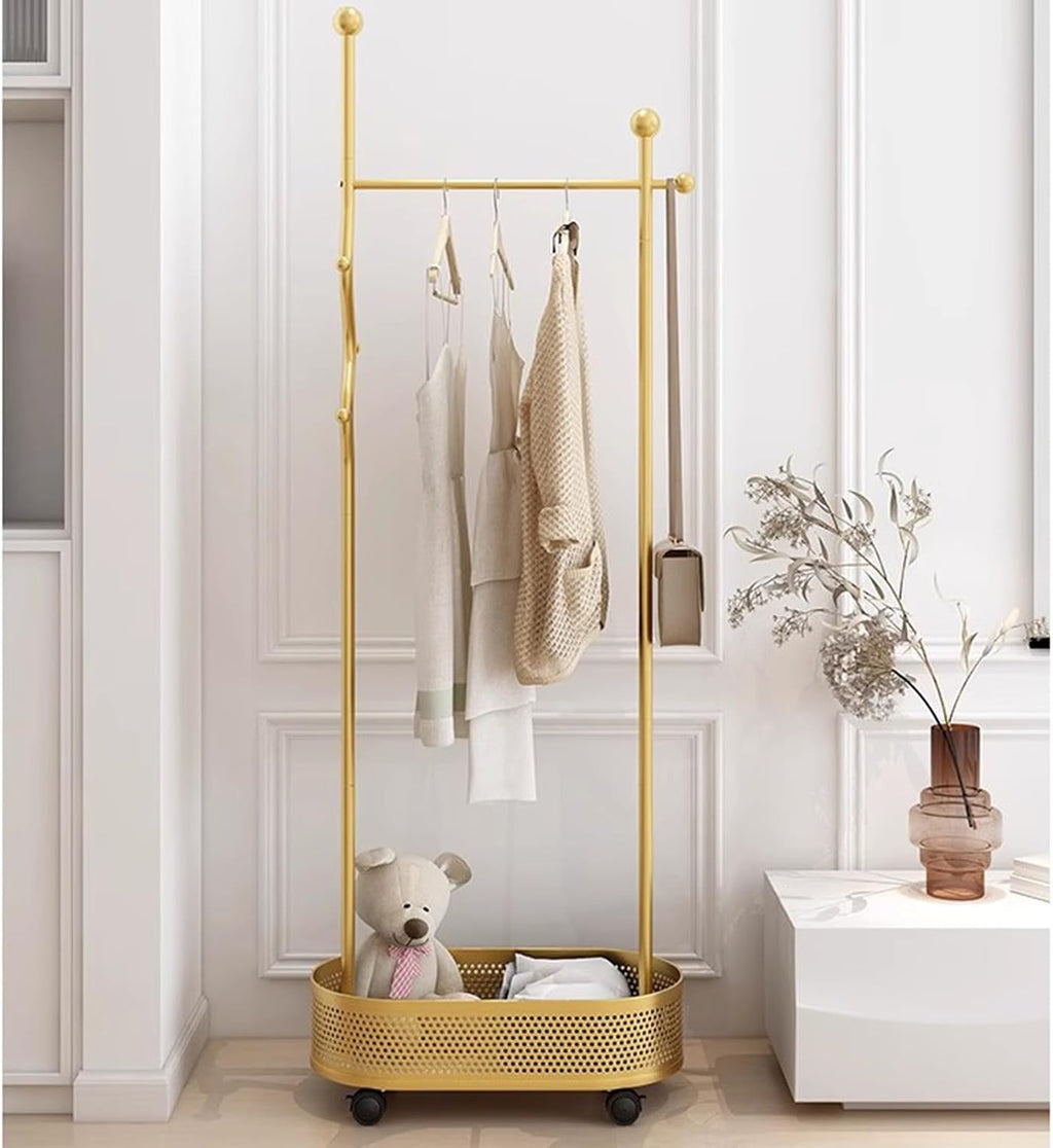Heavy duty Garment rack Metal Clothes Rail on Wheel, Freestanding coat rack with storage basket and 4 hooks,Space-saving clothing rack for entryway bedrooms and Office, clothes organ (Gold 65X32X175C