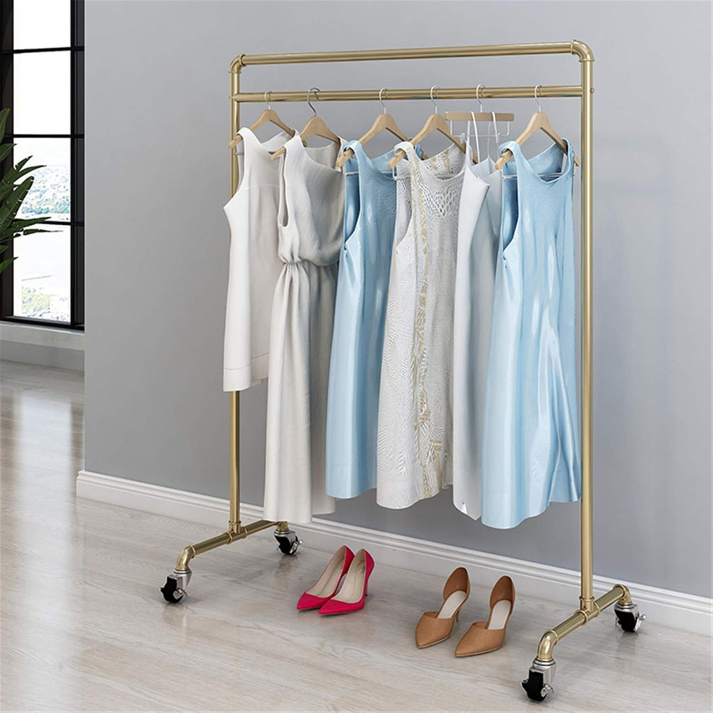 Single-Rod Drying Rack, Industrial Clothes Hanging Rail for Coats, Dresses, Trousers, Shirts, Freestanding Garment Rack for Clothes Store, Laundry, Bedroom, Balcony(Size:155*80CM,Color:Golden)