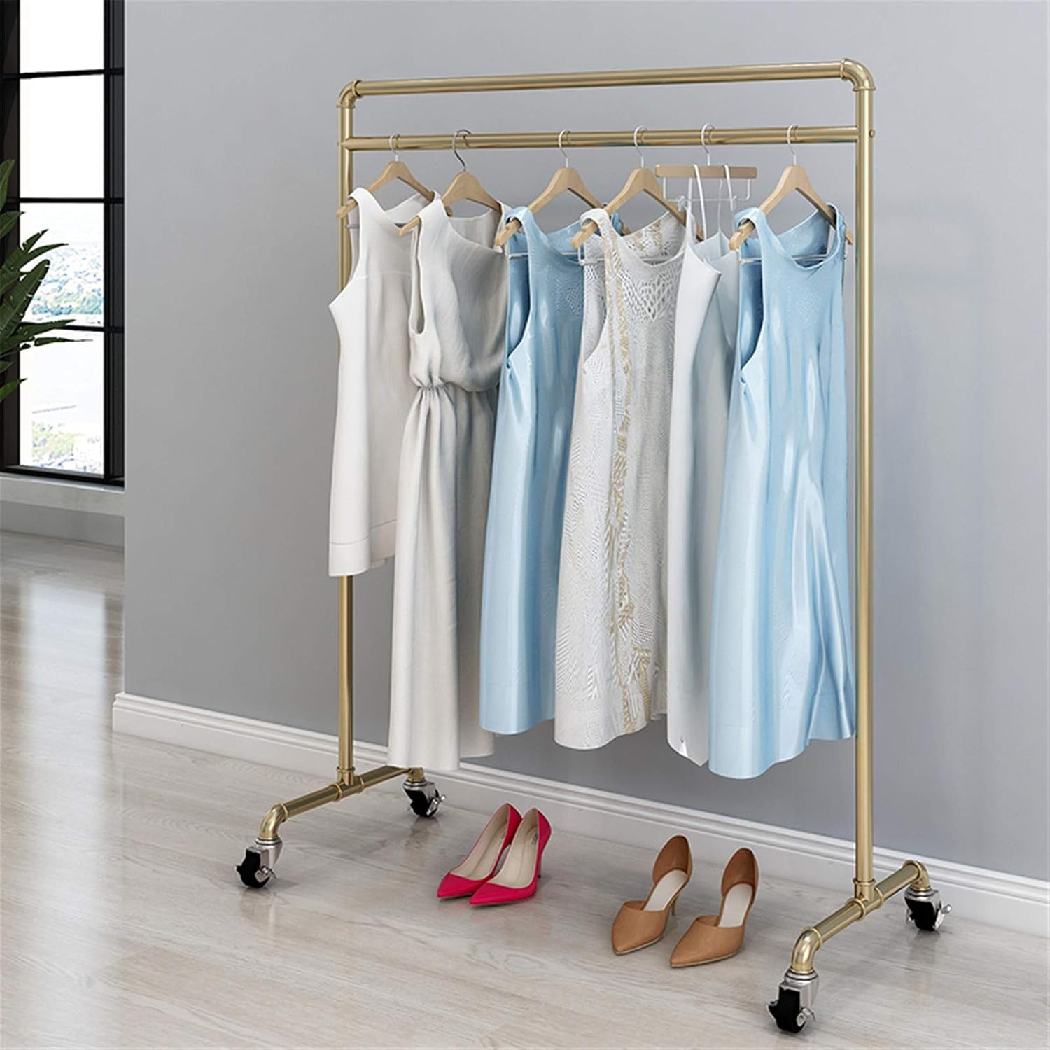 Single-Rod Drying Rack, Industrial Clothes Hanging Rail for Coats, Dresses, Trousers, Shirts, Freestanding Garment Rack for Clothes Store, Laundry, Bedroom, Balcony(Size:155*80CM,Color:Golden)