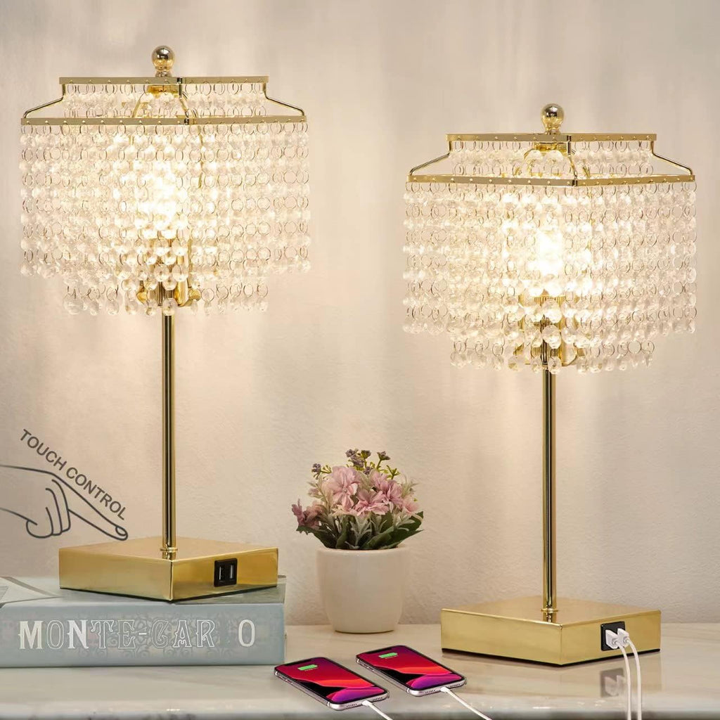 Luvkczc Tables Lamp and Floor Lamp Set, Crystal Table Lamp with USB Ports+Crystal Floor Lamps Set of 2, Morden Lamps for Living Room, Bedroom, Office (Gold)