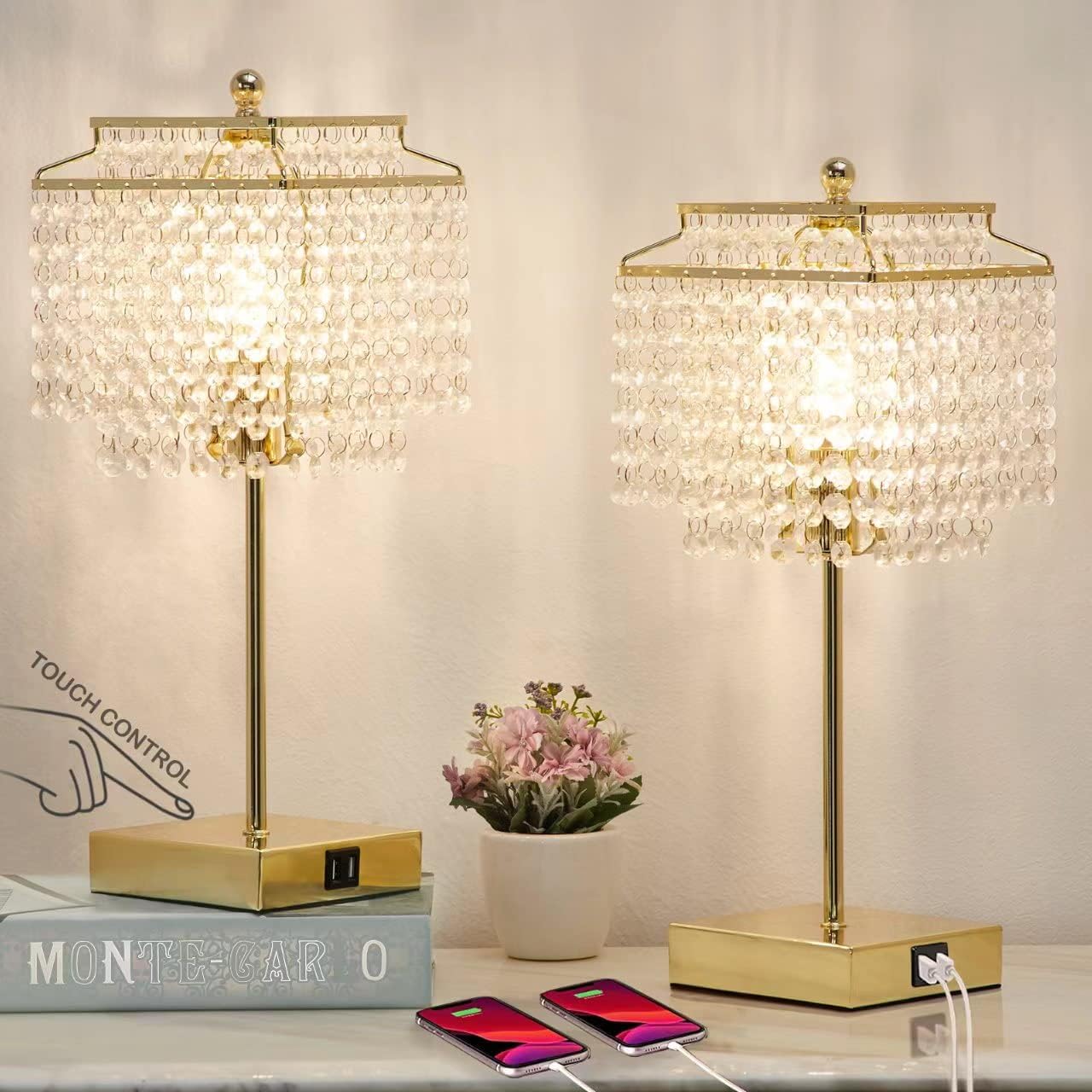 Luvkczc Tables Lamp and Floor Lamp Set, Crystal Table Lamp with USB Ports+Crystal Floor Lamps Set of 2, Morden Lamps for Living Room, Bedroom, Office (Gold)