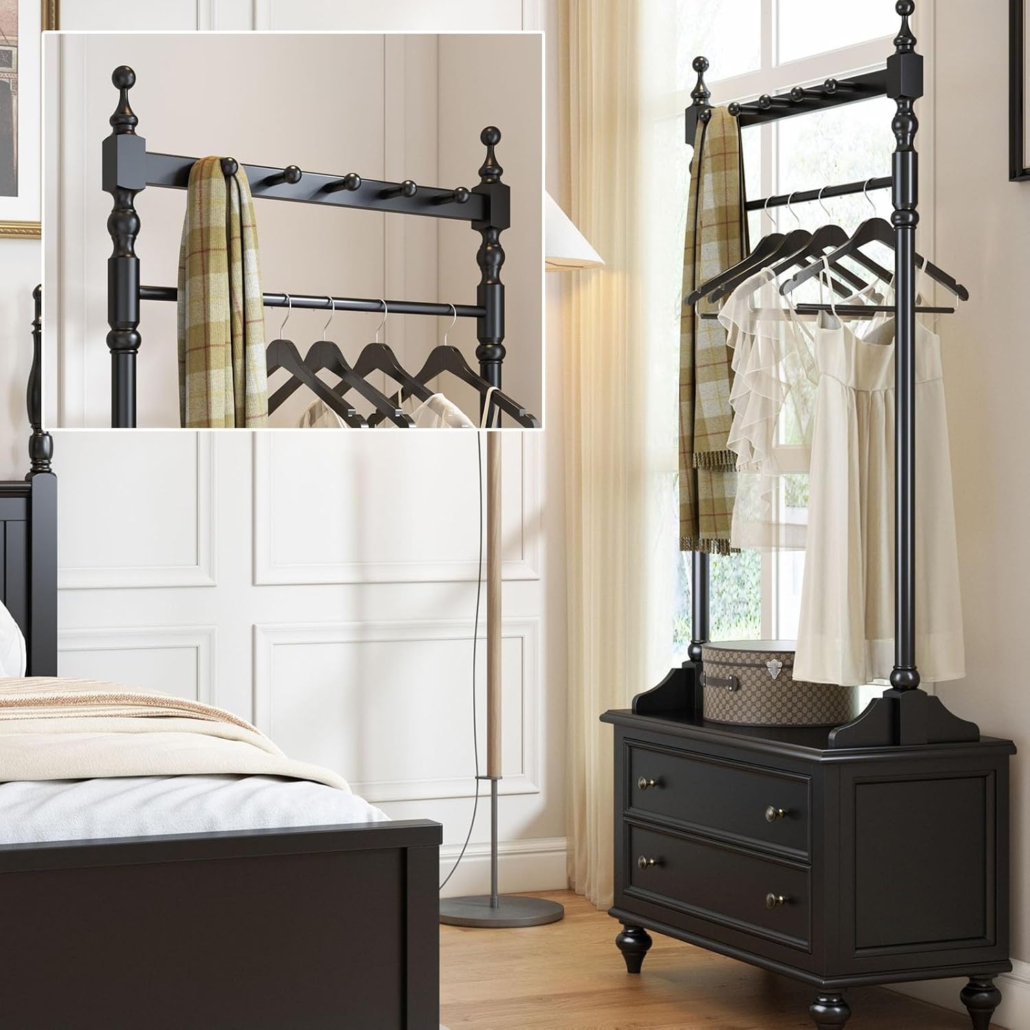 Solid Wood Clothing Rack, Clothes Rack with 2 Drawers, Floor-standing Garment Racks, for Hanging Shirts, Jackets, Coat Hanger Stand for Bedroom Entryway(Black)