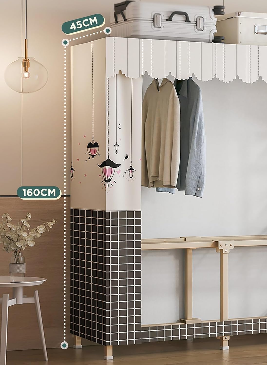 Portable Clothes Rack with Cover Freestanding Wardrobe Closet for Bedroom Metal Clothing Rack with Hanging Rod and 5 STO