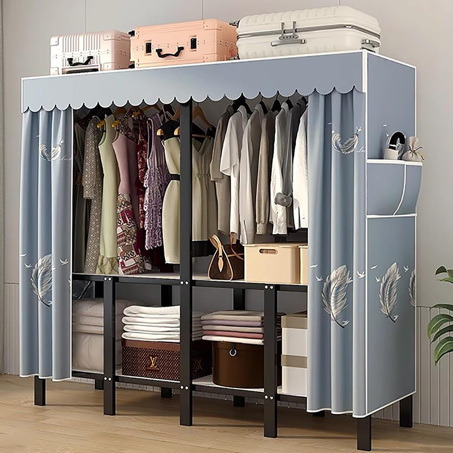 Portable Wardrobe Closet Storage Organizer for Bedroom, Folding Garment Rack, 23MM Thick Steel Hanging Rack with Polyester/Cotton Fabric Cover Blue(145 * 45 * 170cm)