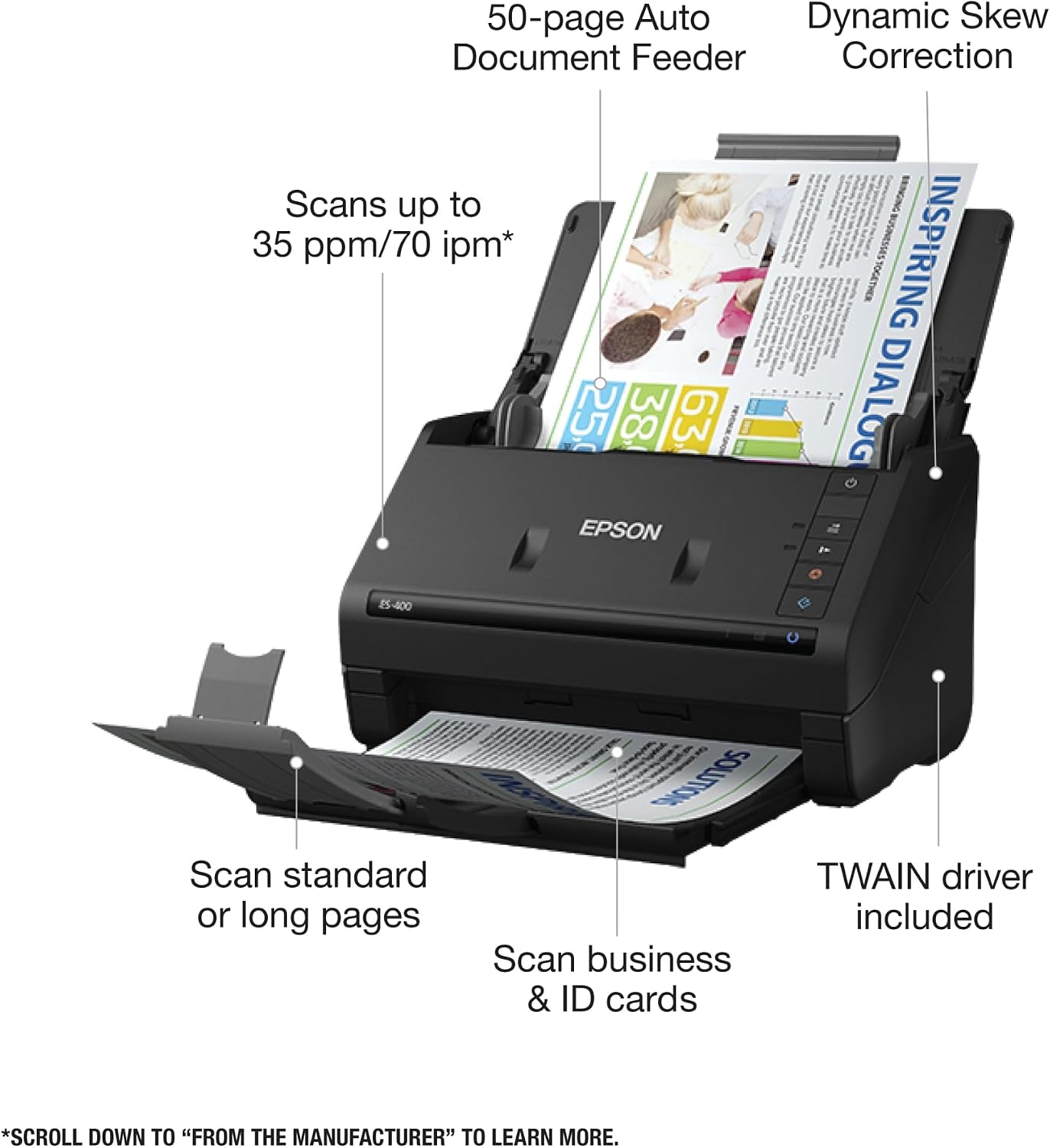 Epson Workforce ES-400 Color Duplex Document Scanner for PC and Mac, Auto Document Feeder (ADF)