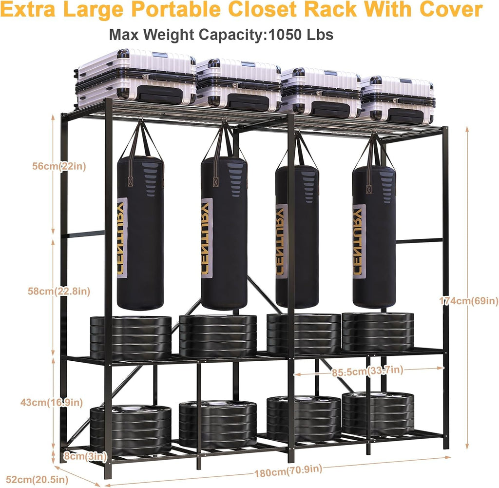 Premium Strong Heavy Duty Clothes Rack with Cover, 95% Assembled Freestanding Fordable Clothing Racks for Hanging Clothes, 71' Lx71 H,Black