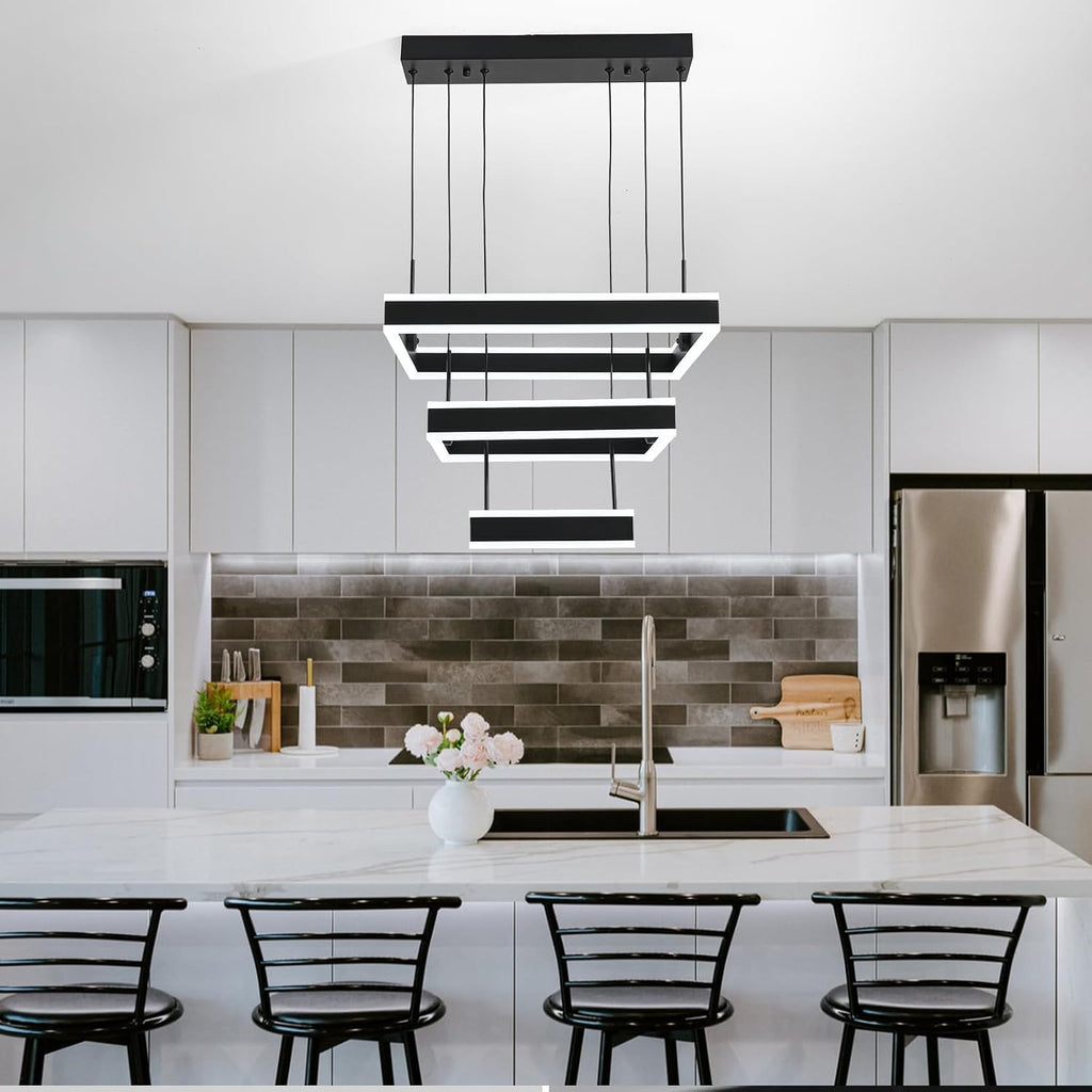 O'NEELDY LED Pendant Light Fixture, 20.47'' Modern Chandelier Square Rings Adjustable Height Black Pendant Lighting 3 Lights Kitchen Island Chandeliers for Dining Room, 6000K