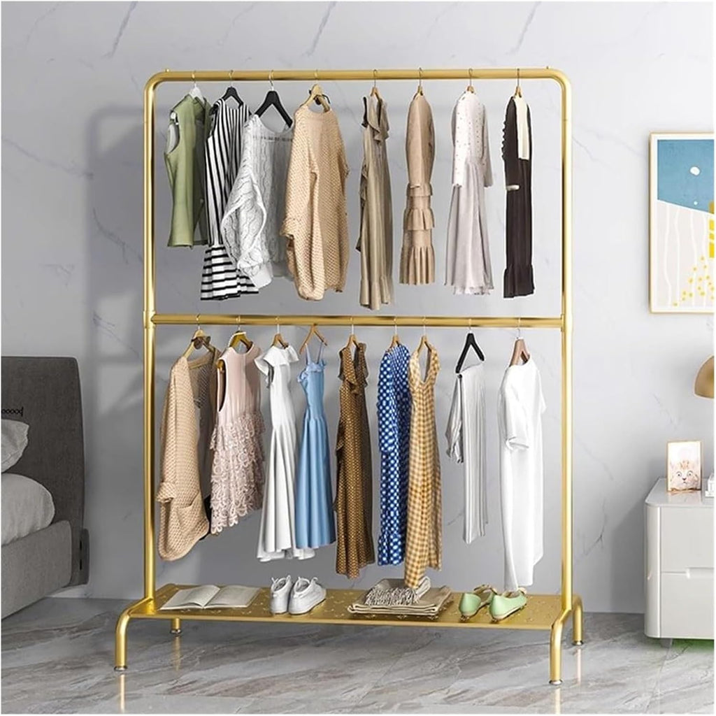 Heavy Duty Clothes Garment Rack, Freestanding Double Rod Clothing Hanger Stand with Storage Display Shelf for Hanging Clothes Boutique Store(Gold,80x180cm)