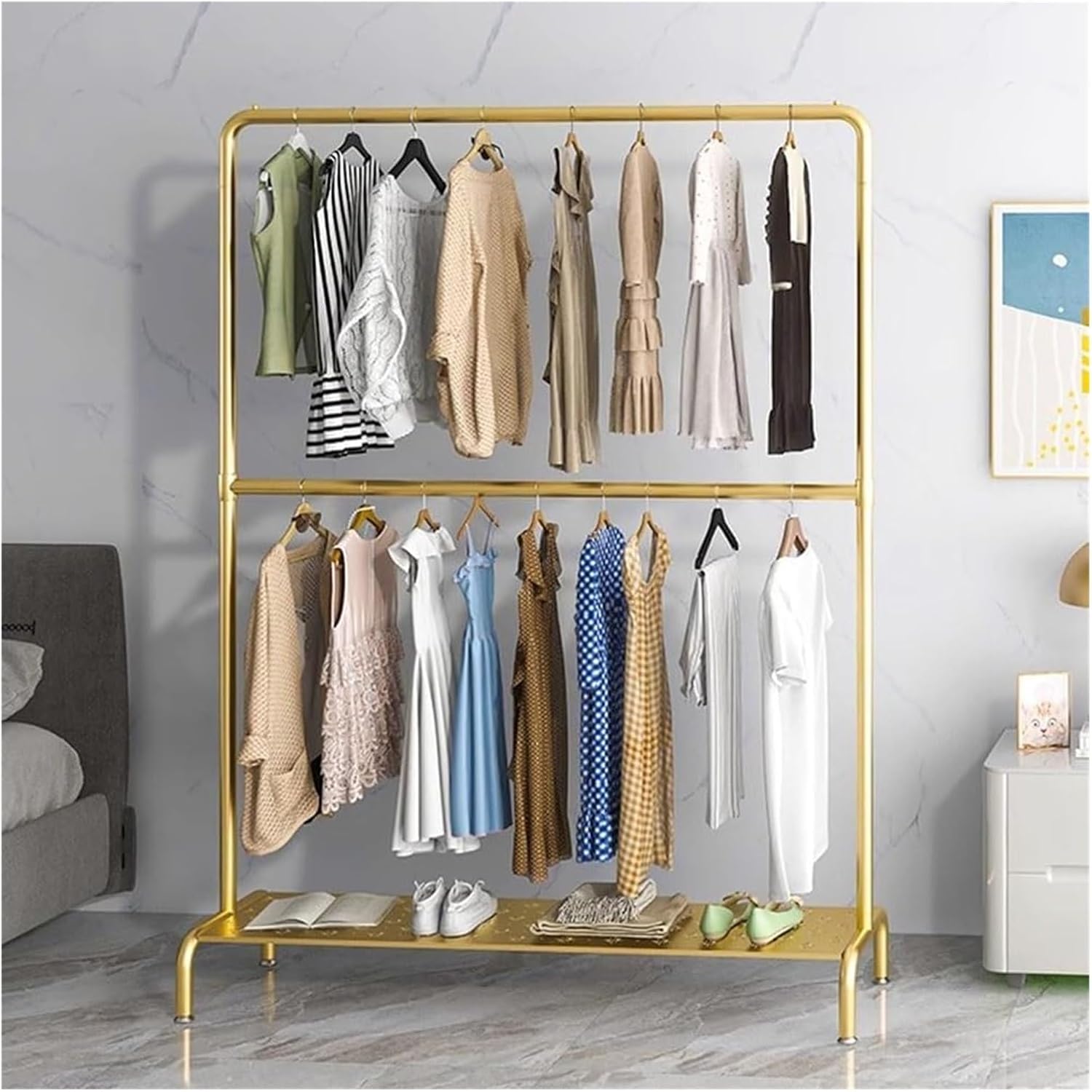 Heavy Duty Clothes Garment Rack, Freestanding Double Rod Clothing Hanger Stand with Storage Display Shelf for Hanging Clothes Boutique Store(Gold,80x160cm)