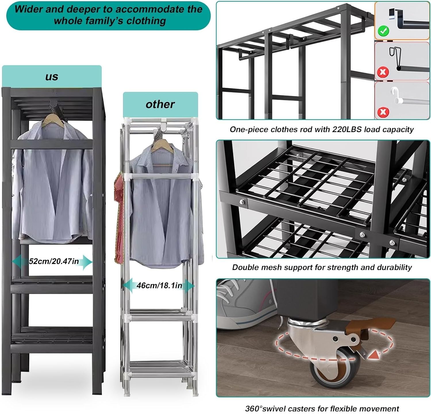 Large Foldable Wardrobe Closet - Heavy Duty Portable Rolling Garment Rack With Cover, For Hanging Clothes Freestanding Clothing Coat Storage Rack Load 2000lbs, Clothes Storage Organizer ( Size : 180*5