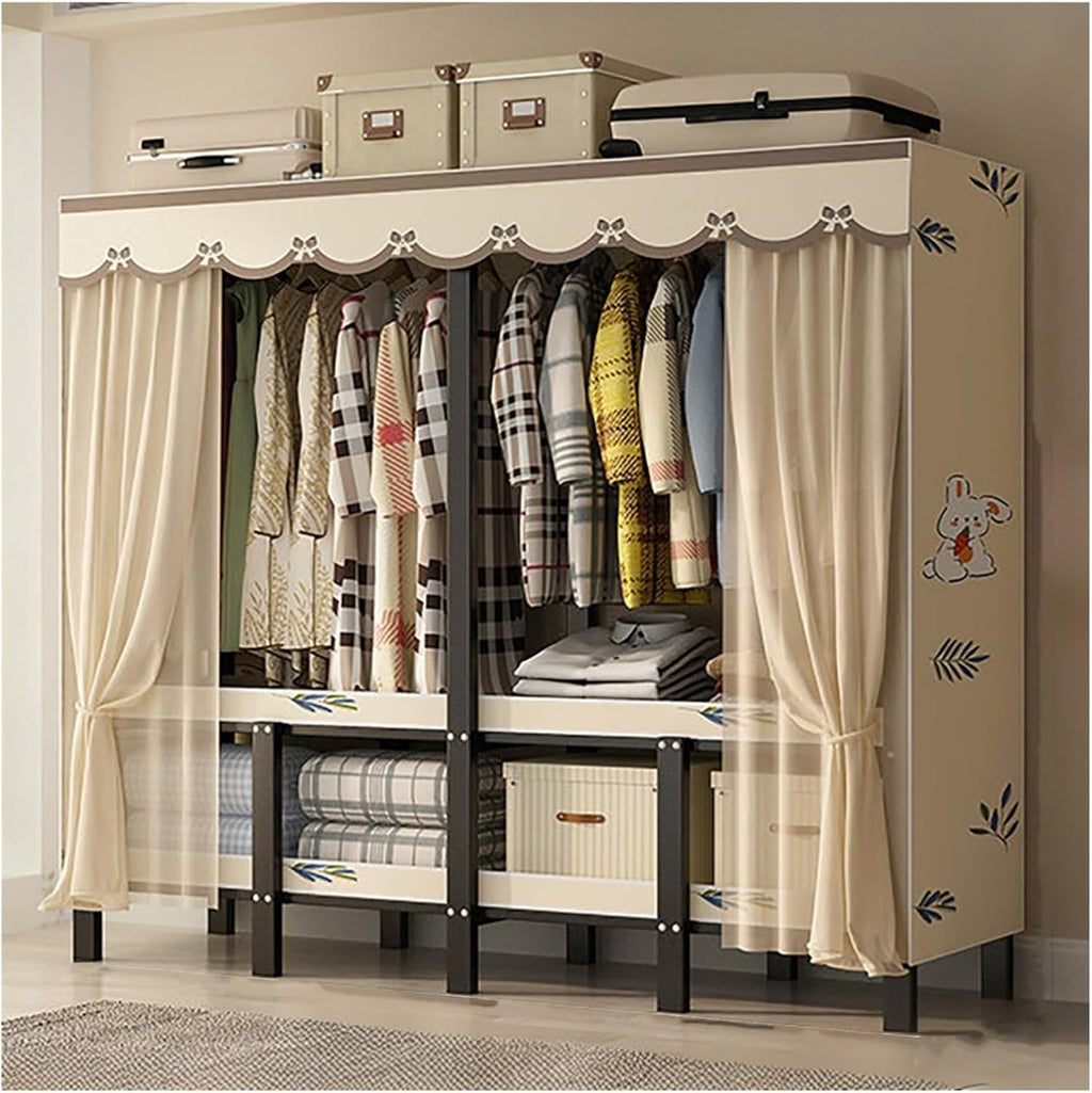 Foldable Closet Wardrobe With Cover, Heavy-Duty Clothe Rack, Covered Clothes Rack, Freestanding Metal Clothing Rack, Armoire Coat Storage Garment Racks For Hanging Clothes(Yellow,130x170x50cm)
