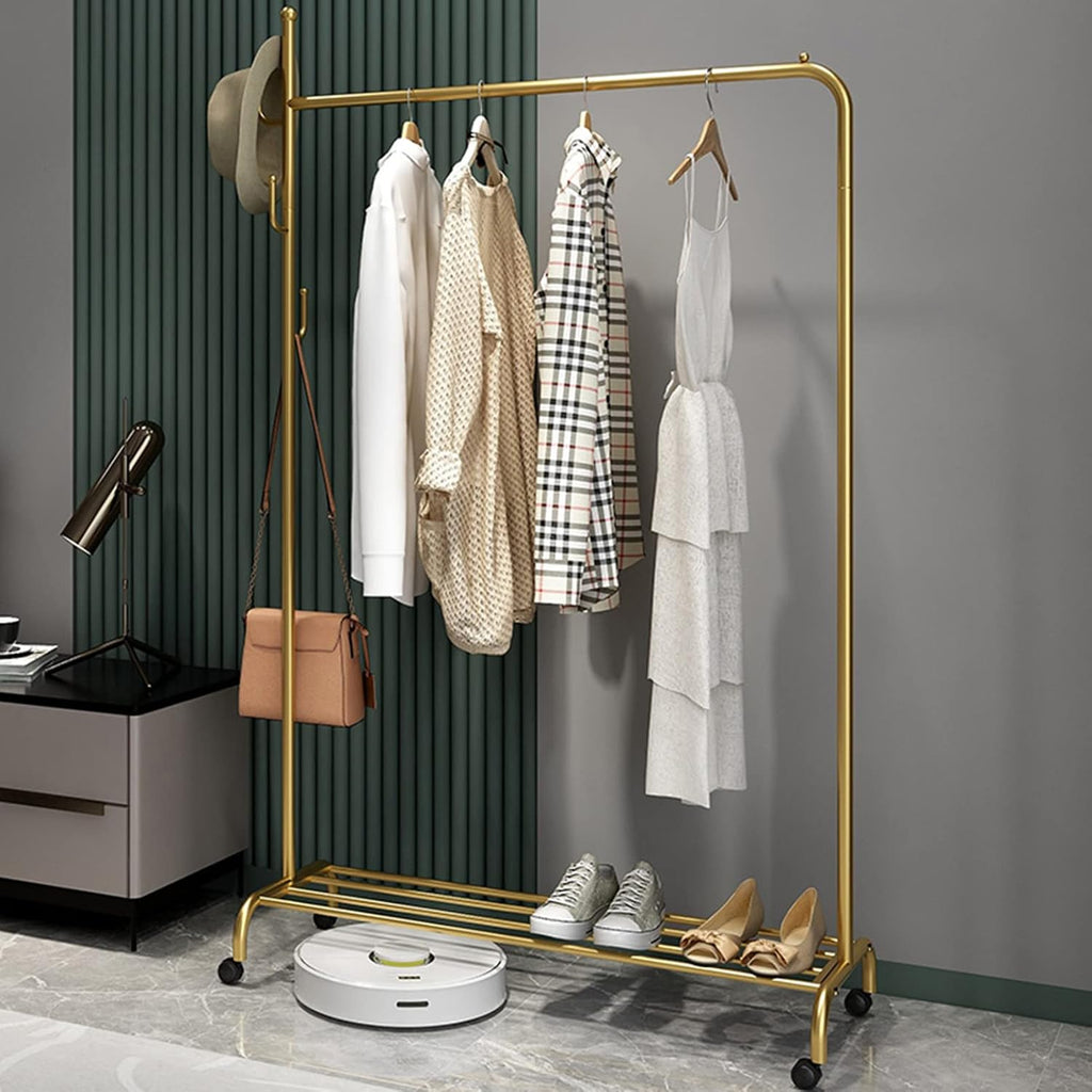 Heavy duty Garment rack Modern Metal Clothes Rail On Wheels Freestanding Hanger With Shelves And 4 Hooks Space Saving Clothing Rack For Bedroom And Entrance Easy To Assemble Coat Rack Stand ( 100X38X
