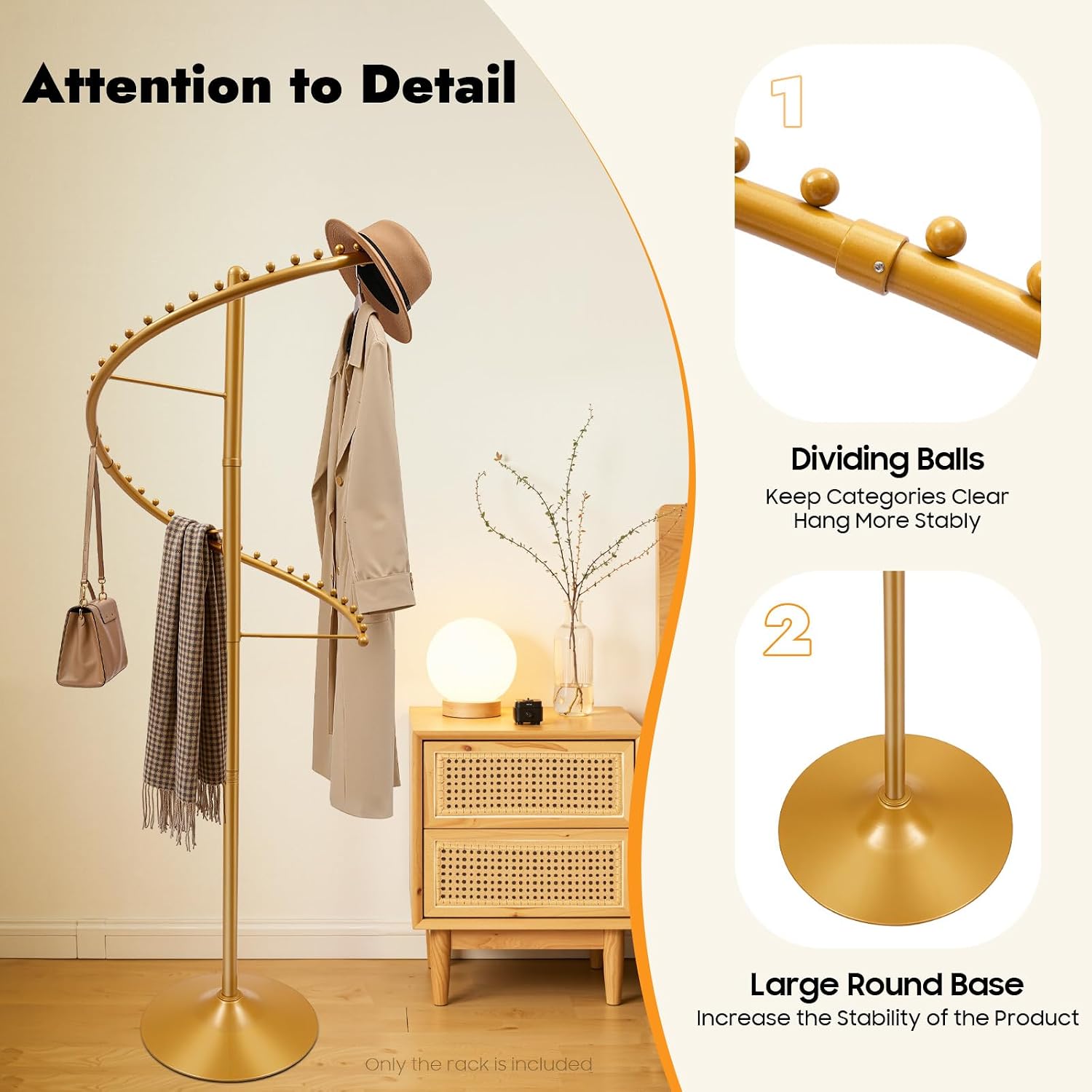 Spiral Rotating Clothing Rack, 360° Spiral Retail Round Garment Rack with 38 Ball, 71inch Freestanding Metal Hanging Clothing Display Stand for Bedroom Living Rooms Stores, Gold