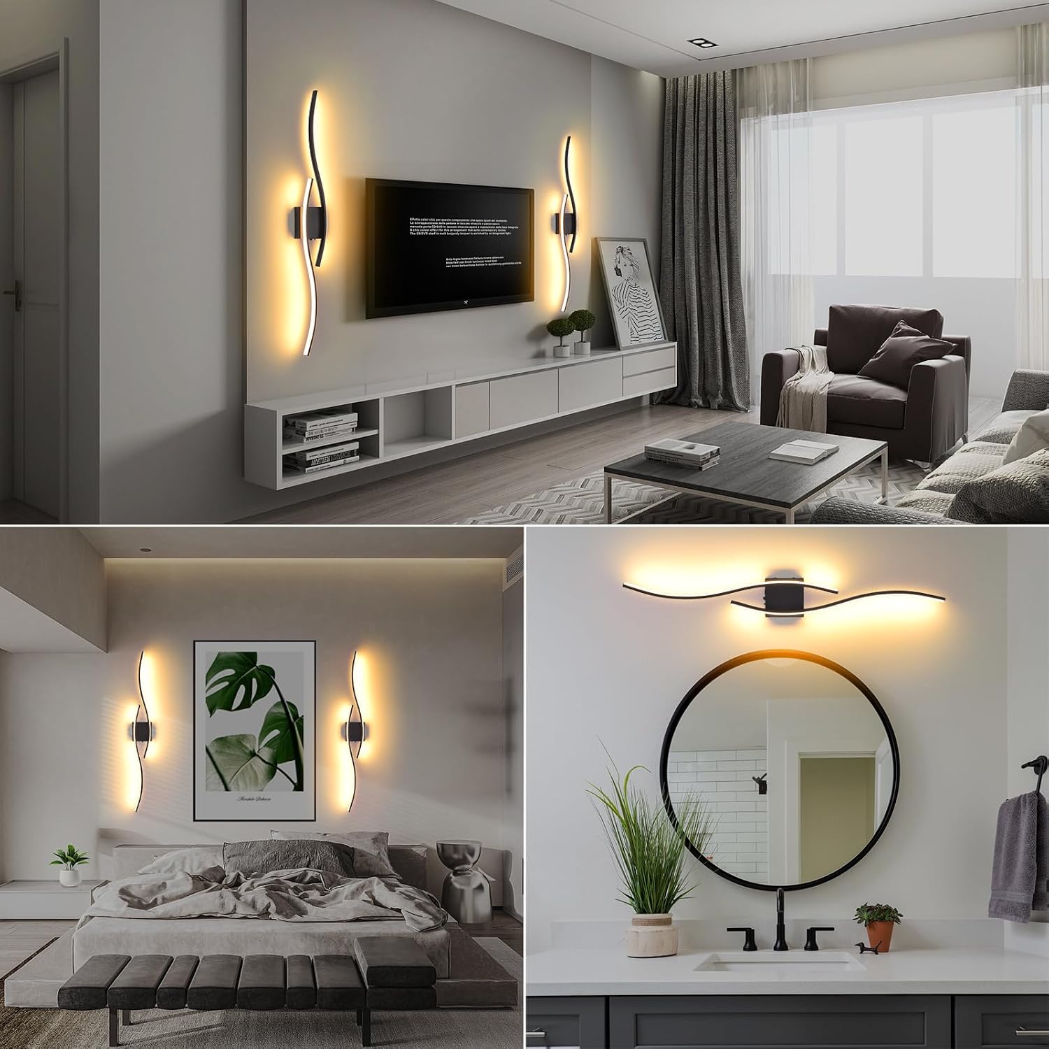 Battery Operated Wall Sconces Set Of Two, 3000K-6500K 39.4 inch black LED dimmable wireless wall sconce with remote control, USB rechargeable wall lights for Living Room Bedroom Hallway Background