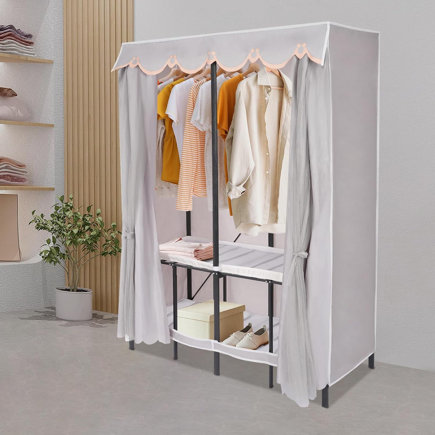 Portable Wardrobe Closet Rack, 1102lbs Heavy-Duty Foldable Garment Racks with Cover, Enclosed Curtain Armoires, for Hanging Clothes, Bedroom, 50 x 20.47 x 67.72inch
