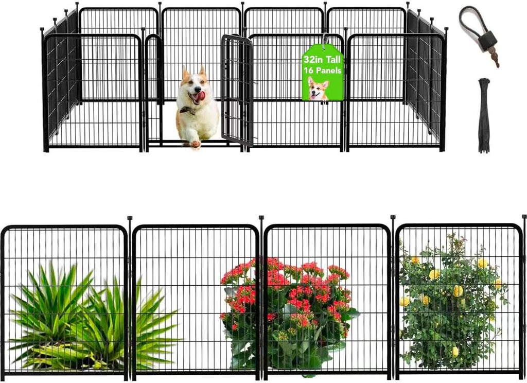 Getlay Dog Playpen 32 inch 16 Panels, Puppy Playpen Indoors, Dog Fence Outdoor for Yard, Wide Door Low Threshold Garden Fence for Medium/Large Pets. Black Dog Pens Total 35.4 Ft(L)