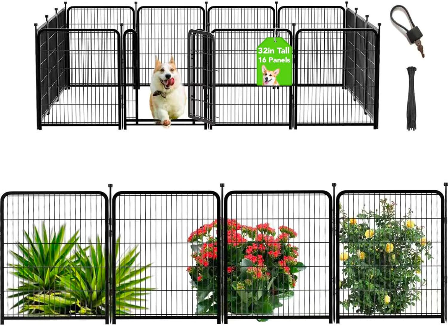 Getlay Dog Playpen 32 inch 16 Panels, Puppy Playpen Indoors, Dog Fence Outdoor for Yard, Wide Door Low Threshold Garden Fence for Medium/Large Pets. Black Dog Pens Total 35.4 Ft(L)