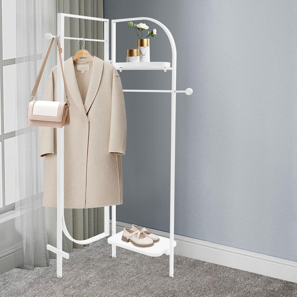 Clothes Display Stand, Metal Heavy Duty Freestanding Garment Rack Foldable Clothing Shelf Clothes Rack for Hanging Clothes Coats Skirts Shirts Sweaters (White)
