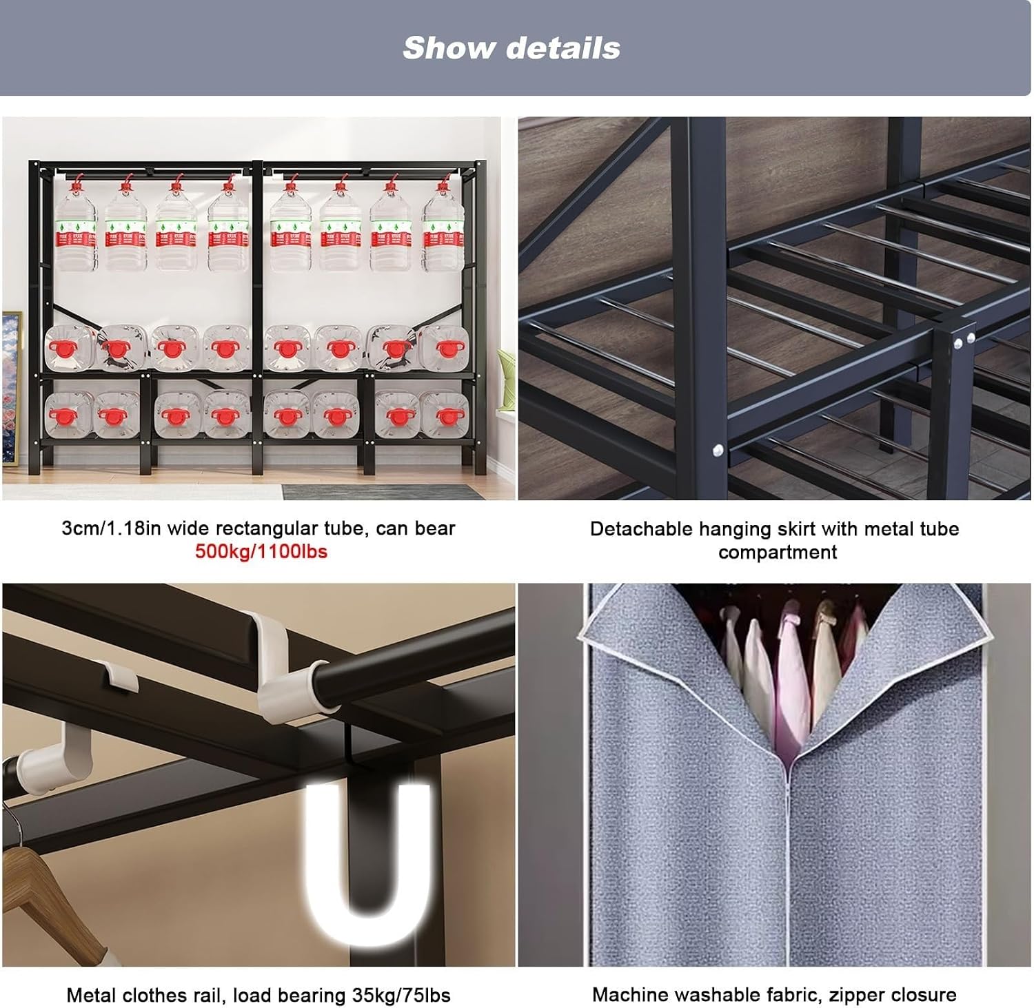 Portable Wardrobe Closet Rack - Foldable Portable Closet Wardrobe Rack - 1100lbs,Heavy-Duty Foldable Garment Rack with Cover，Freestanding Clothes Organizer System (Size : 190 * 50 * 170cm)