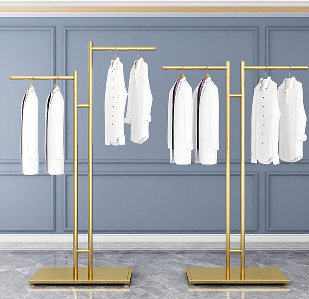 Boutique Metal Hanger Garment Display Stand, Creative Gold 2-Way Clothing Rack with Straight Arms Entrance Porch Hanging Garment Rack, Suit Shirts Freestanding Garment Rack Display Stand (Gold High a