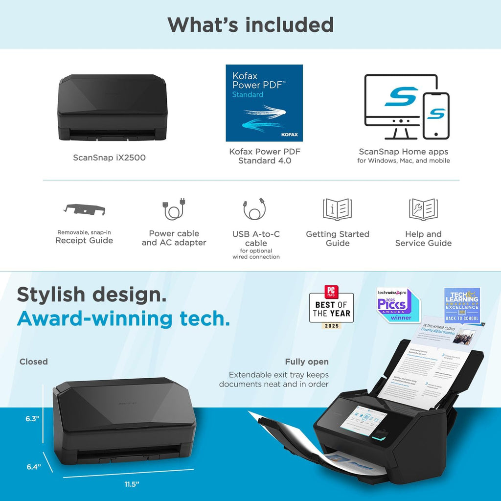 ScanSnap iX2500 Wireless or USB High-Speed Cloud Enabled Document, Photo & Receipt Scanner with Large 5' Touchscreen and 100 Page Auto Document Feeder for Mac or PC, Black