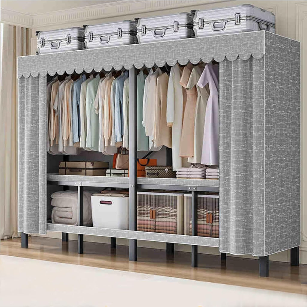 Portable Wardrobe Closet Rack - Heavy-Duty Foldable Garment Rack with Cover, 1100lbs Freestanding Clothes Organizer System,Enclosed Curtain Armoires for Hanging Clothes for Bedroom(95in)