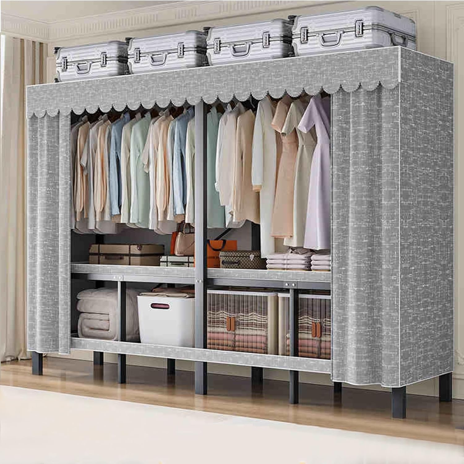 Portable Wardrobe Closet Rack - Heavy-Duty Foldable Garment Rack with Cover, 1100lbs Freestanding Clothes Organizer System,Enclosed Curtain Armoires for Hanging Clothes for Bedroom(59in)