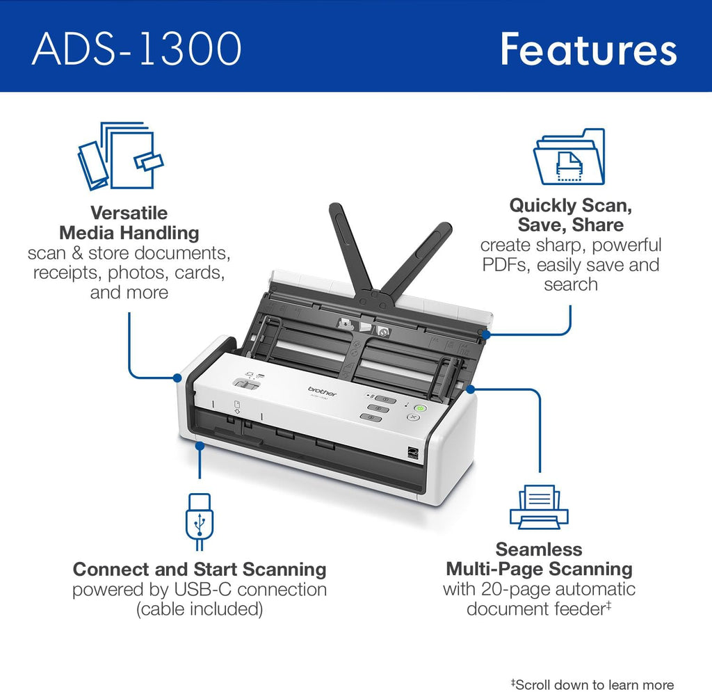 Brother ADS-1300 Compact Desktop Scanner | Scan Speeds of Up to 30ppm | Single Pass Double-Sided Scanning