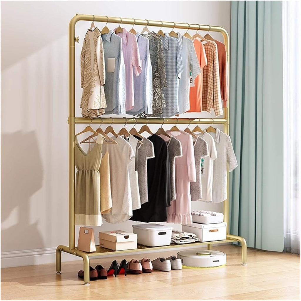 Heavy Duty Clothes Garment Rack, Freestanding Double Rod Clothing Hanger Stand with Storage Display Shelf for Hanging Clothes Boutique Store(Gold,80x180cm)