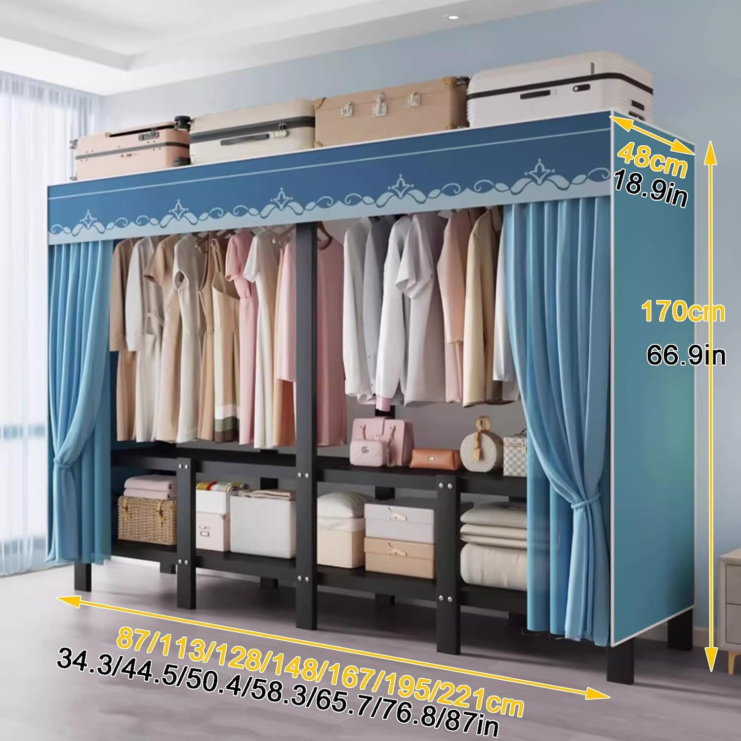 Foldable Wardrobe Closet System,Heavy Duty Portable Clothes Rack with Cover, Garment Racks for Bedroom, Freestanding Armoire(Gray,128cm/50.4in)