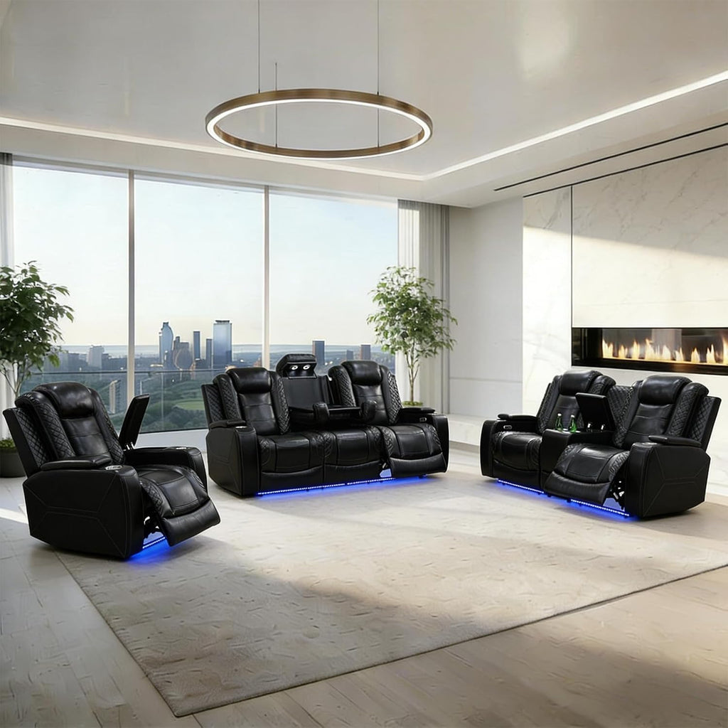 Power Recliner Sofa Set - 3 Piece Living Room Furniture Set with Electric Reclining Sofa, Loveseat and Chair, Breathable Faux Leather with USB Ports, Wireless Charging, Cup Holders and LED Lights