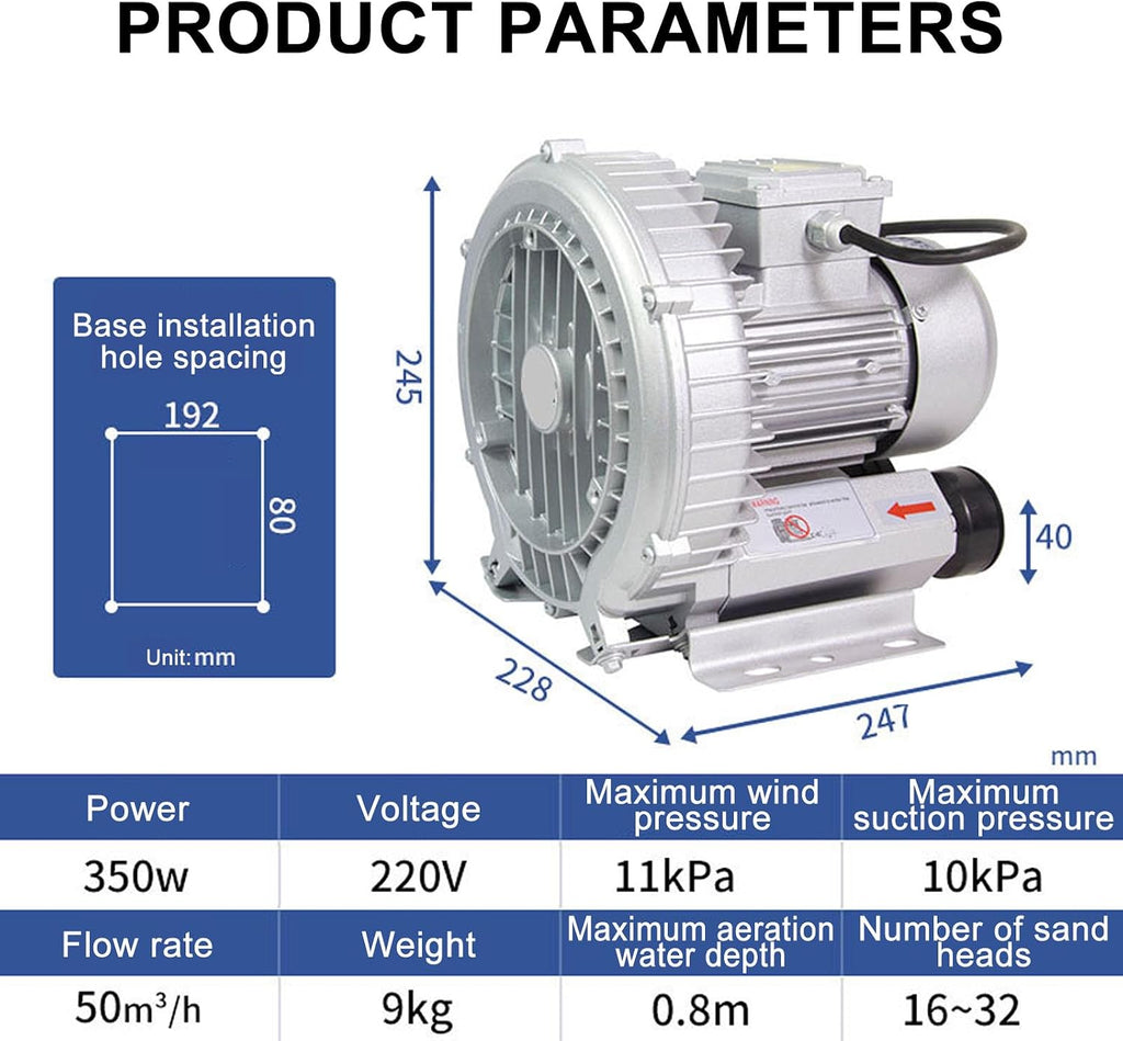 Regenerative Blower, 220V/380V Vortex Ring, Industrial Vacuum Pump, for Factory and Basement Ventilation Dust Removal(350W/220V)