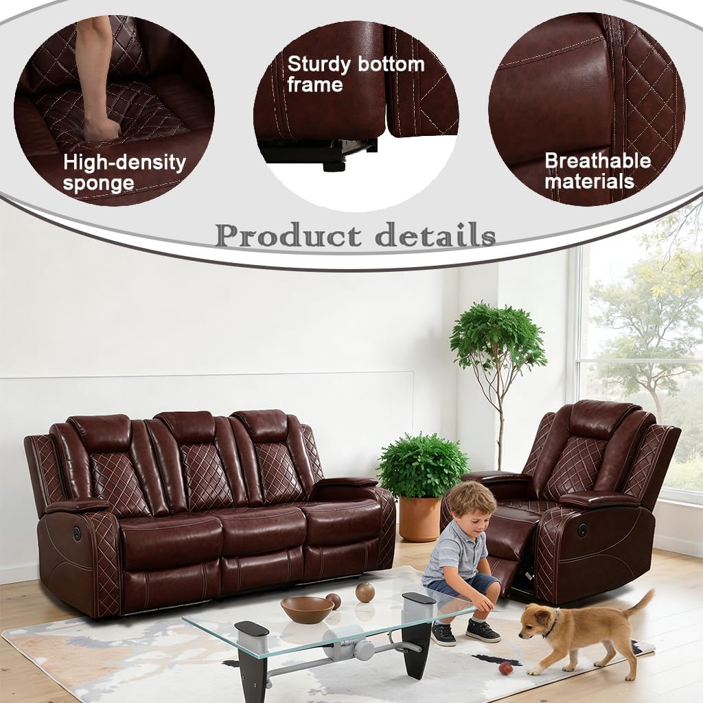 Pon Living Luxurious Leather Reclining Sofa Set with LED, Power Recliner Sofa Set, Living Room Furniture Sets with Cup Holders/USB Port & Storage Consoles for House/Home Theater