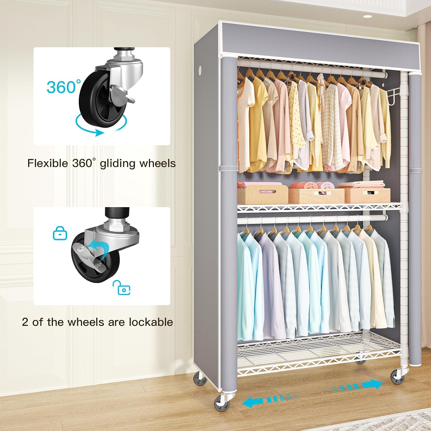 FUTASSI White Clothing Rack with Grey Cover, P1C Rolling Closet Rack with Wheels, Metal Garment Rack for Hanging Clothes, Clothing Storage Wardrobe, 36.2' W x 16.5' D x 80.5' H, Load 450 Pounds