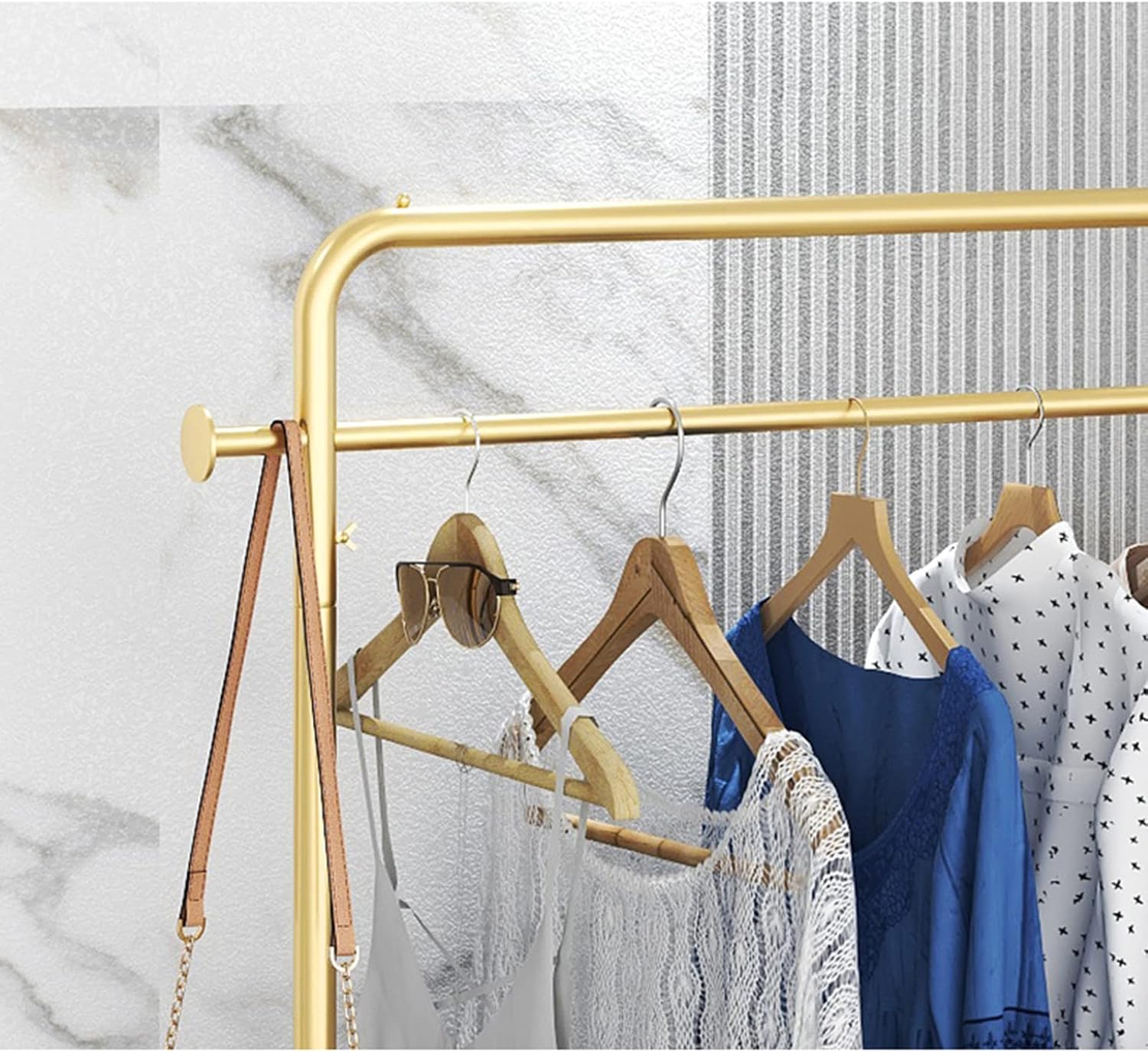 Heavy Duty Coat Rack, Garment Rack Metal Clothing Rack for Hanging Clothes On Wheels Space Saving Coat Rack with Storage Basket and 2 Hooks Freestanding Clothes Organizer (Gold 120X30X160CM)