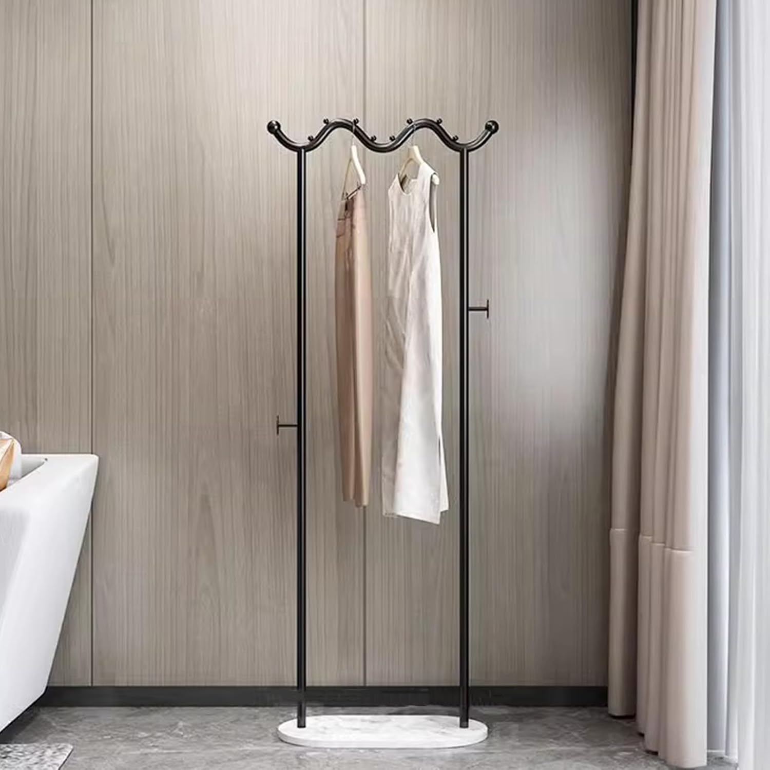 Heavy duty Garment rack Modern Metal Clothing Rack With Marble Base, Freestanding Coat Rack With Hanging Rod And 2 Hooks, Space Saving Clothes Organizer For Bedroom And Office, 50X30X170CM (Black+whi