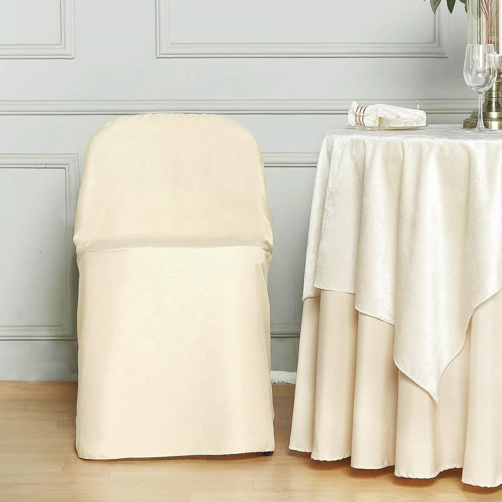 Tableclothsfactory 50PCS Beige Linen Polyester Folding Chair Cover Dinning Chair Slipcover for Wedding Party Event Banquet Catering