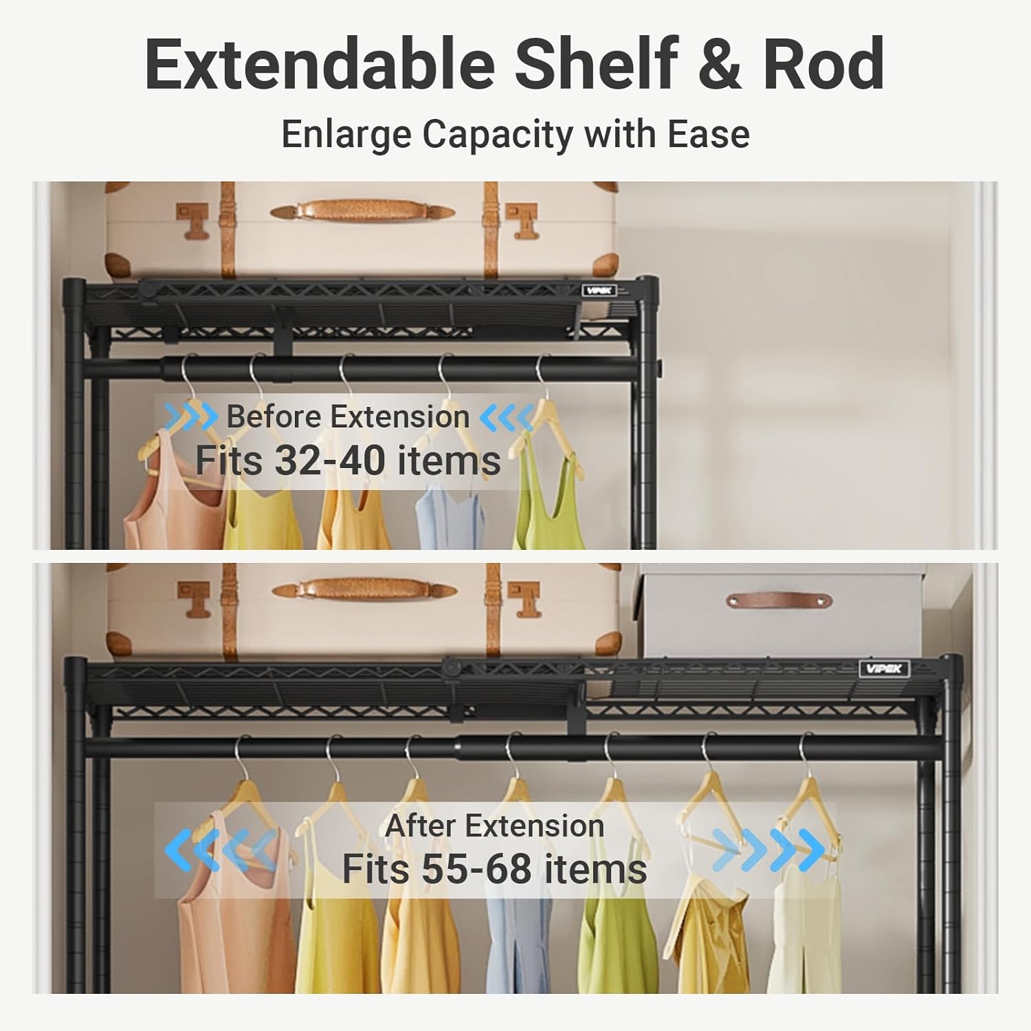 VIPEK X1 Plus Expandable Reach-in Closet Adjustable from 2'8' to 4'6' with Adjustable Shelves and Hanger Rods Clothes Rack Heavy Duty, Metal Clothing Racks Portable Walk-in Closet, Black