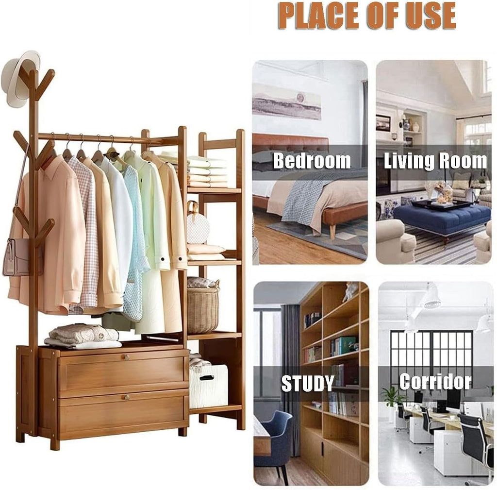 Bamboo Coat Rack with Double Drawer Storage 4 Shelves and Multi Functional Clothing Rails Freestanding Garment Rack for Bedroom nization Walnut Color Size: XXL