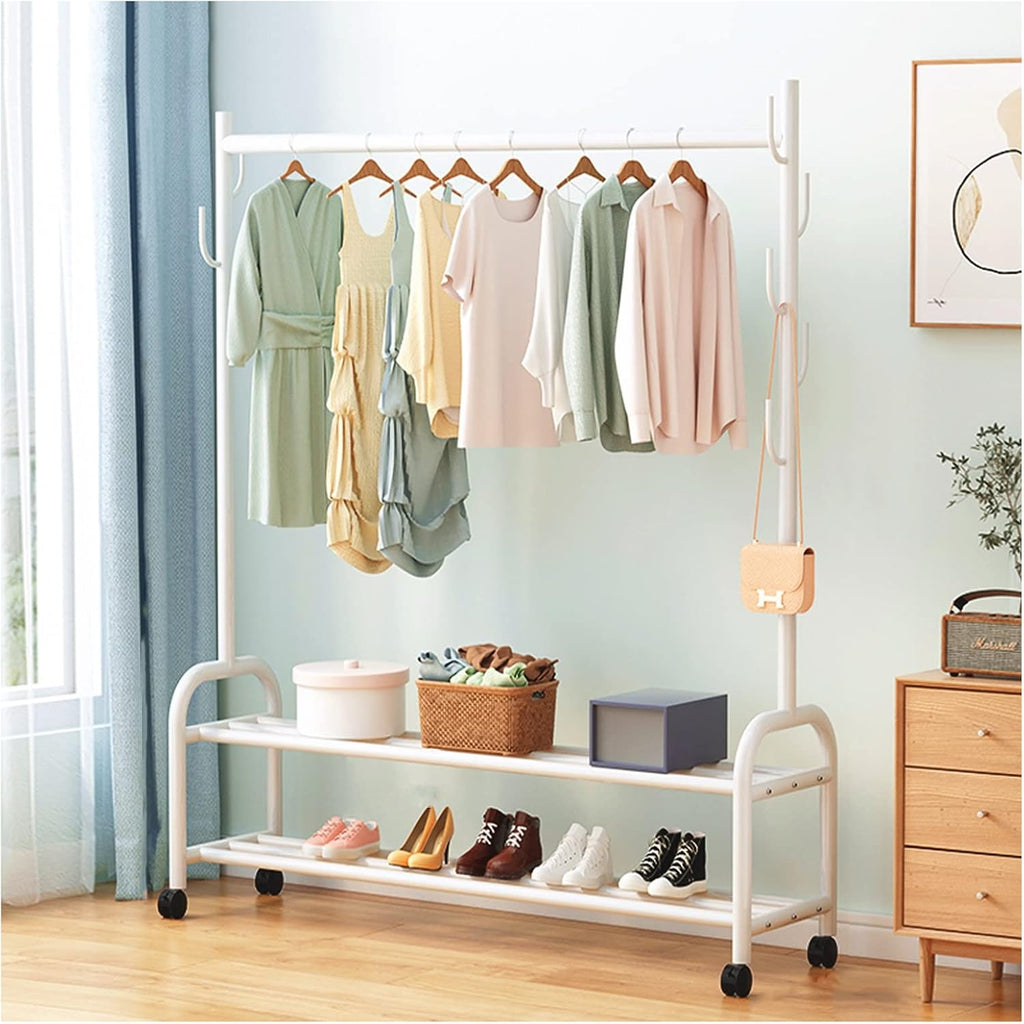 Heavy Clothes Rails Shoe Bench Coat Stand Rack Hanger Clothes Rack With Shelves, Free-Standing Garment Rack With Wheels, Upgrade Stable Double Deck Clothes Hanging Rack, Storage Shelf Coat R