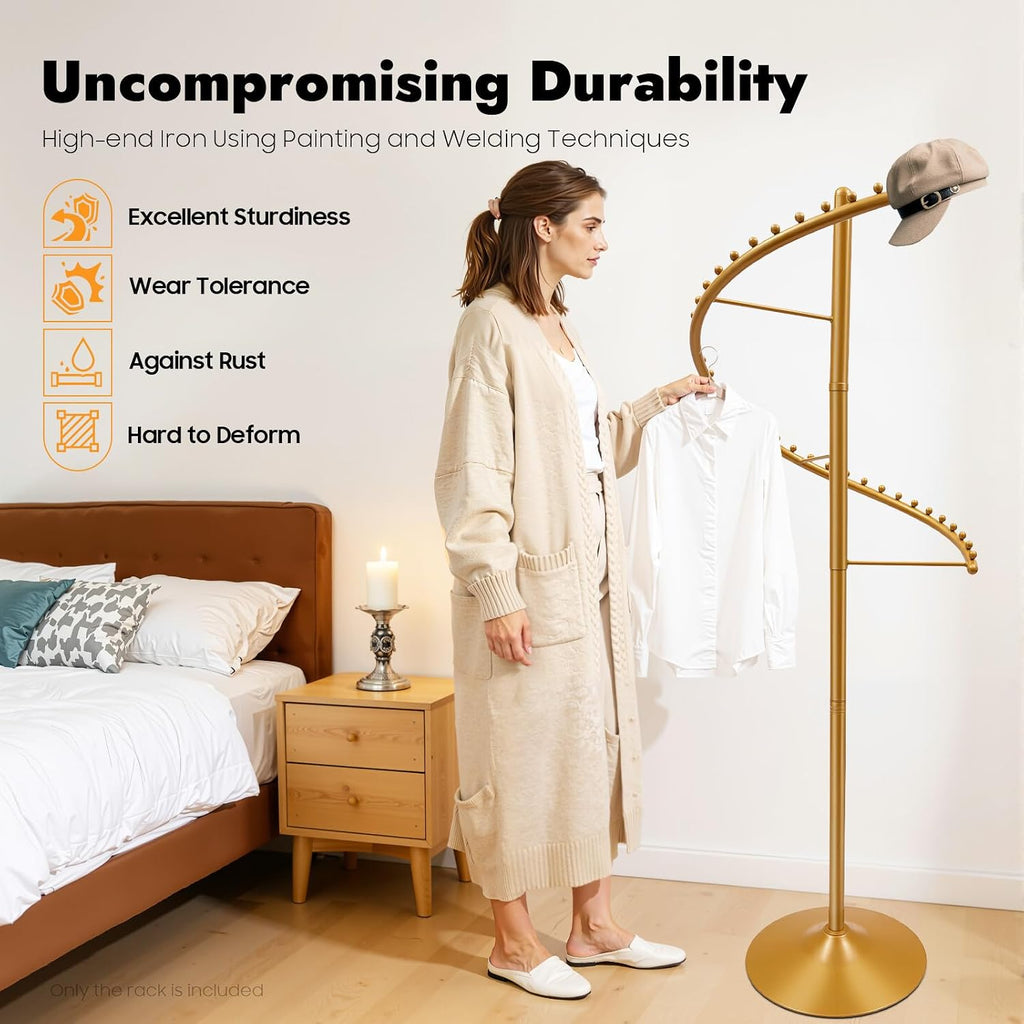 Spiral Rotating Clothing Rack, 360° Spiral Retail Round Garment Rack with 38 Ball, 71inch Freestanding Metal Hanging Clothing Display Stand for Bedroom Living Rooms Stores, Gold