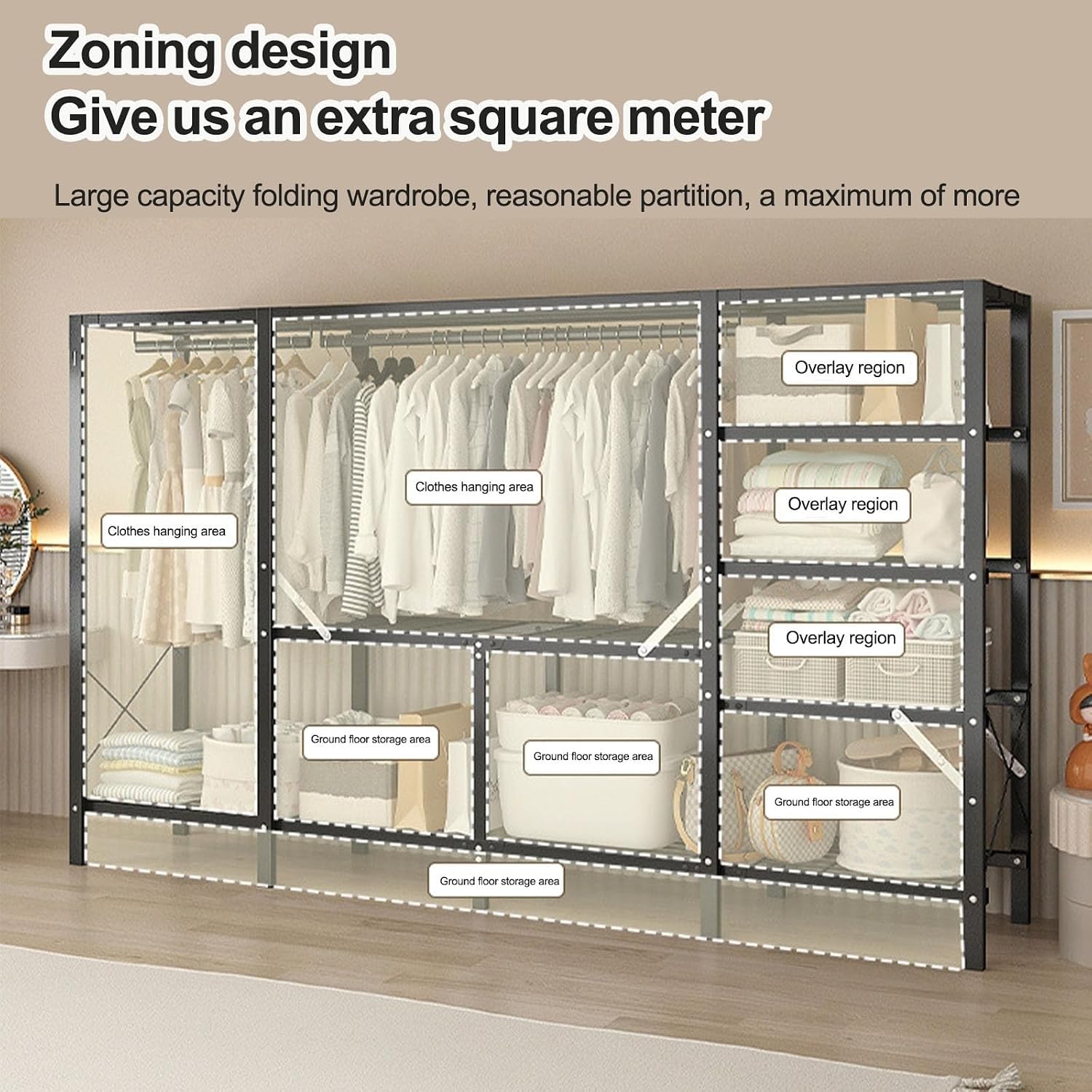 Collapsible Clothes Storage Organizer, Portable Closet Wardrobe with Cover Freestanding Garment Rack Cabinet, for Home and Retail,Load Capacity 1100lbs(A59in)