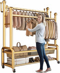 Portable Multi-Functional Bedroom Double Rods Garment Rack, Freestanding Metal Clothing Hanger Rack with Storage Shelf and Hanging Hooks, for Coats, Shirts, Dress