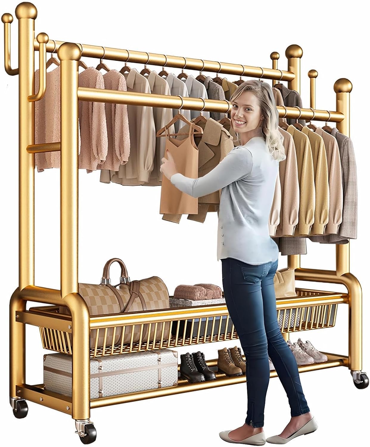 Portable Multi-Functional Bedroom Double Rods Garment Rack, Freestanding Metal Clothing Hanger Rack with Storage Shelf and Hanging Hooks, for Coats, Shirts, Dress